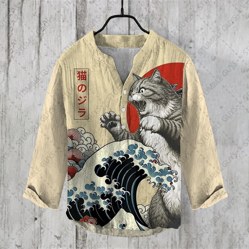 Heren herfst mode shirt Samurai kat 3d printen Henry Shirt heren Retro gedrukt T-shirt met lange mouwen buitenlandse handel mode tops