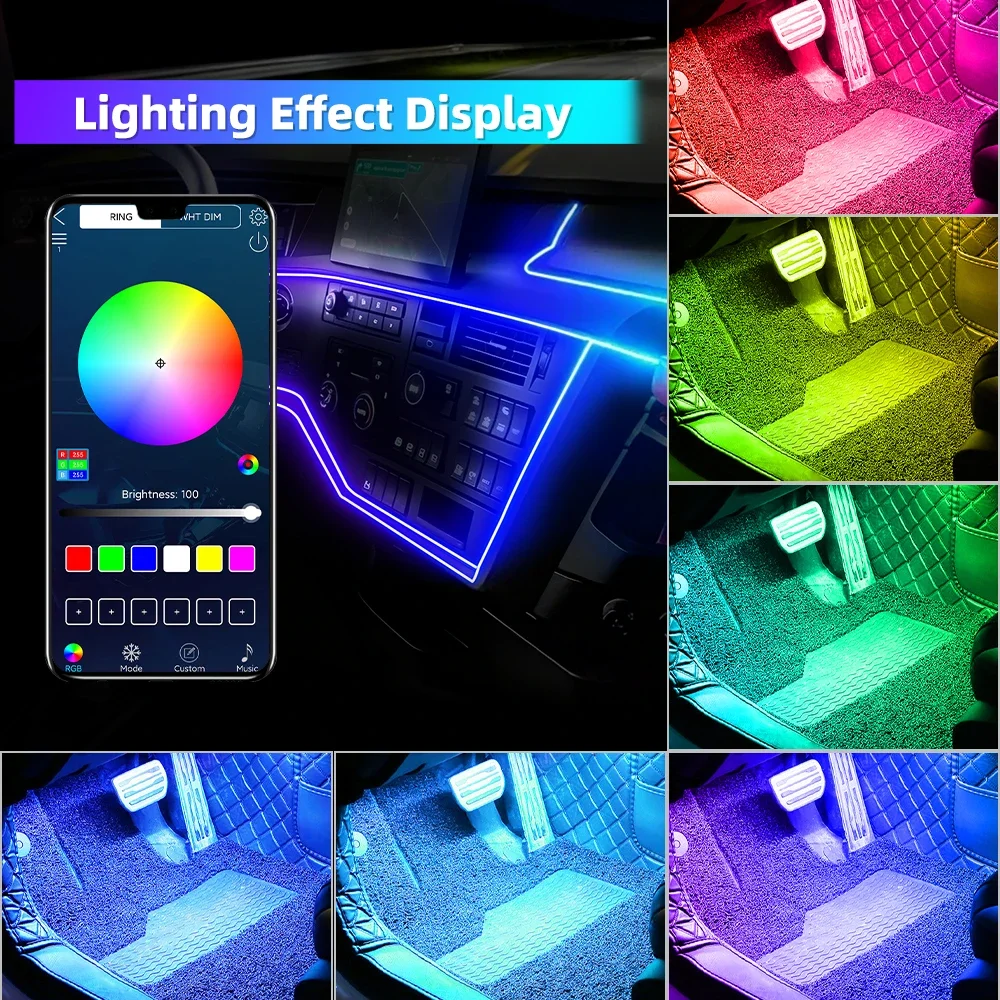 Kit d'éclairage d'ambiance intérieure de voiture 18 en 1, bande lumineuse LED RGB, Guide optique en acrylique, contrôle par application, 64 couleurs, 12V, ajustement universel