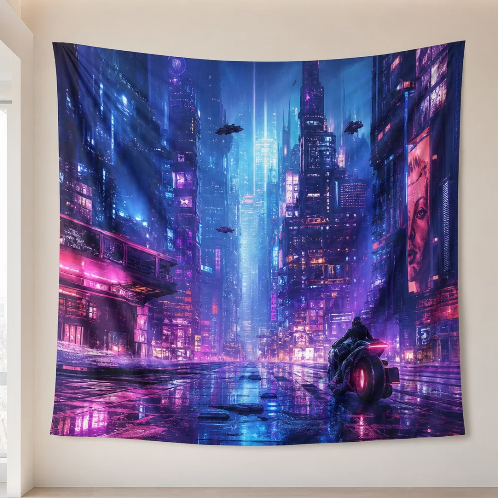 Cyberpunk Rain Night City Motorcycle 150X100CM Customizable Tapestry Esports Room Cool Atmosphere Wall Background Fabric