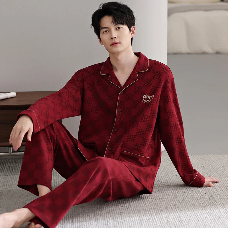 High Quality Big Size M-4XL Men Pajamas Set 100% Cotton Sleepwear Male Autumn Long Sleeve Turn-down Collar Pyjamas