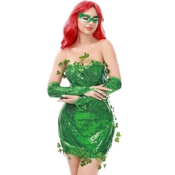 Halloween Leaf Green Poison Ivy Cosplay Costume Cekinowa sukienka bez ramiączek ze spódnicą kopertową i rękawami na ramionach Zestaw okularów