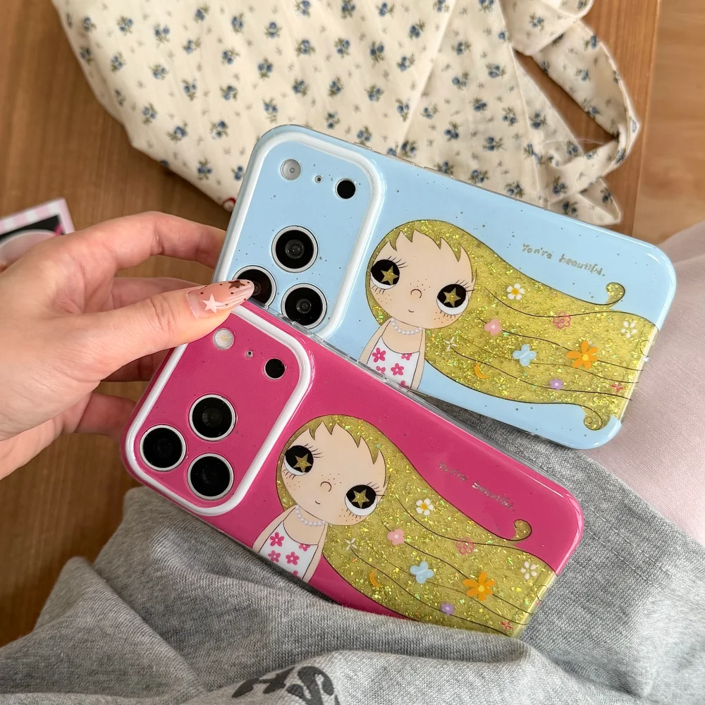 

Cute Cartoon Girl iPhone 17 Pro Max Case 14 15 Pro Glitter Sparkle Protective Cover with Flower Print