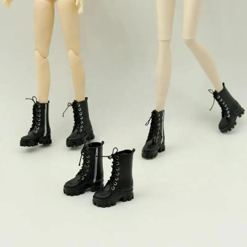 1/12 Doll High Ankle Boots 1 Pair Lace Up Side Zipper Thick Sole Mini Shoes for Doll Hobbyist DIY Dress Up