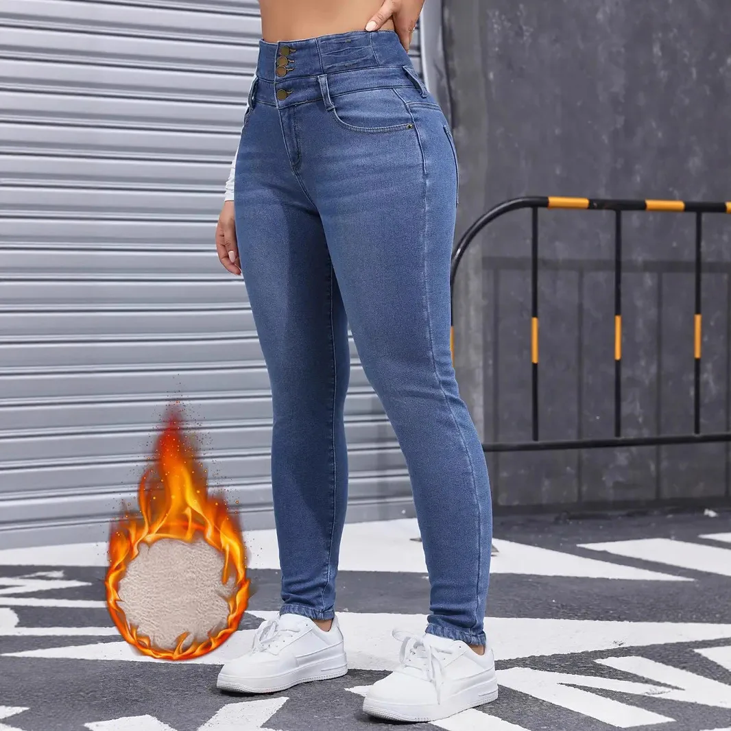 2025 Autumn Winter New Women's Fleece Lined Jeans Fashion Versatile Stretchy Skinny Fit Multi-button Solid Color Ladies Denim