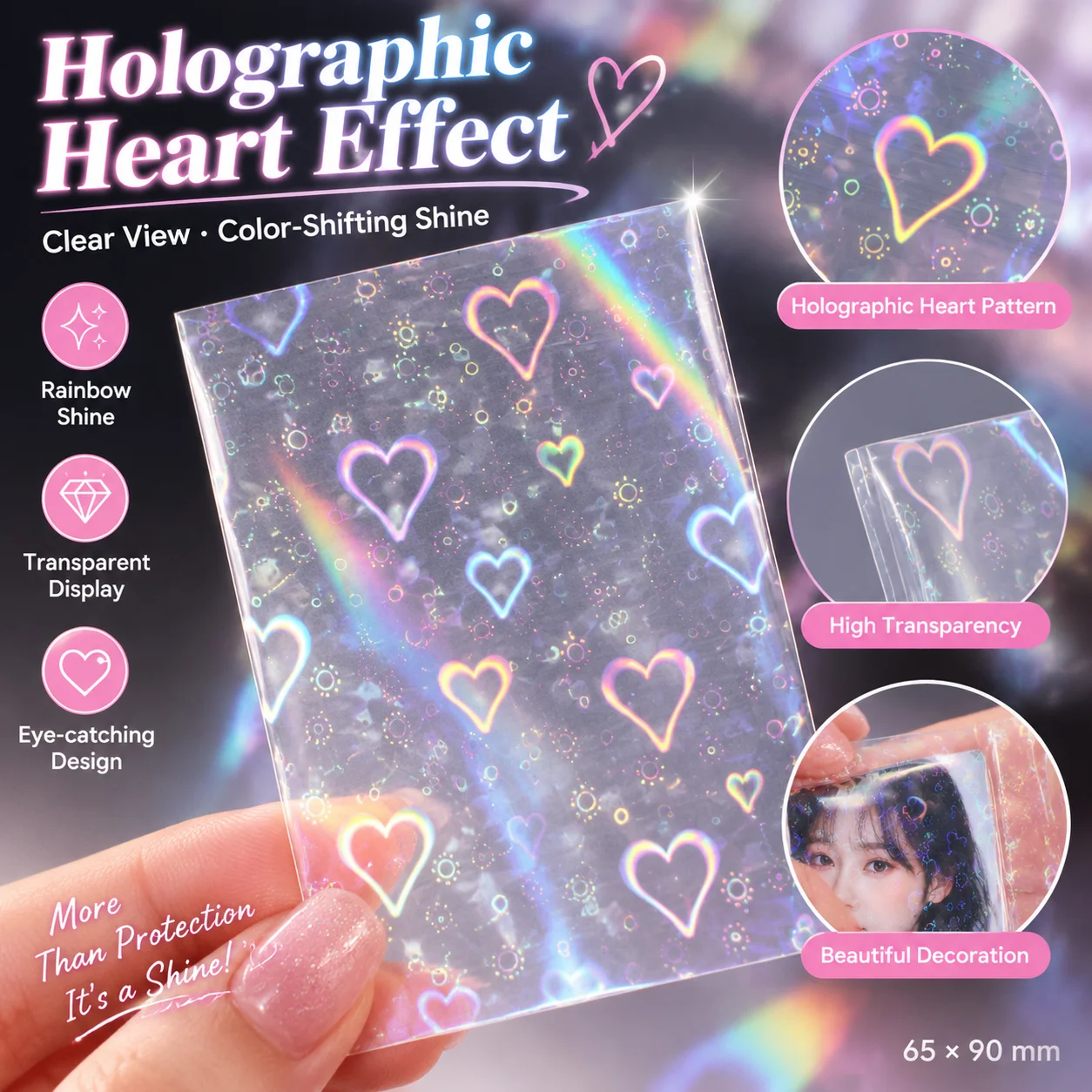 100Pcs Heart Laser Flashing Card Sleeves Protector Clear Protector Cards Photocard Protector Film 65*90MM