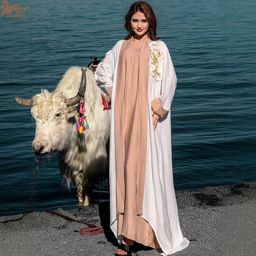 

Ид Джеллаба Мусульманские женщины Бусины Цветок Белый Открытый Абая Внутренняя Платье Комплект из двух предметов Кафтан Кимоно Джалабия Рамадан Кафтан Дубай