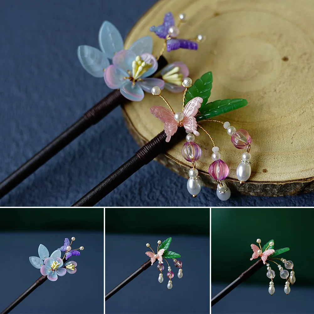 Eastern Style Hair Chopsticks Handmade Flowers & Butterfly Hair Bun Decor Beaded Tassel Hair Bun Pins for Girls Women FS99