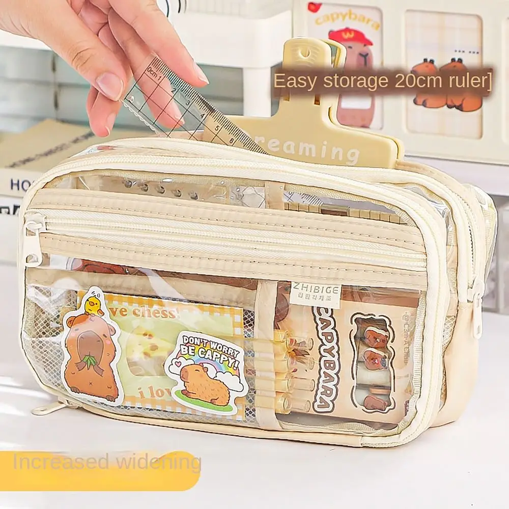 Capybara Pencil Case Mesh Pocket Transparent Partition Pen Bag Multi-functional Large Capacity Stationery Storage Pouch