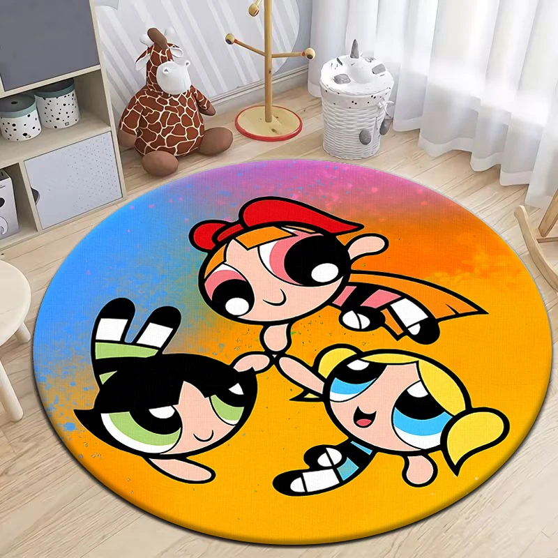 The Powerpuff Girls Round Carpet for Living Room Rugs Camping Picnic Mats Flannel Anti-Slip Rug Yoga Mat Gifts