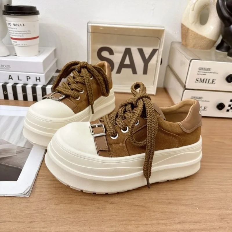 Women Black White Two Tone Buckle Platform Sneakers, Round Toe Chunky Lace Up Thick Sole Heightening Casual Women Skate Shoes