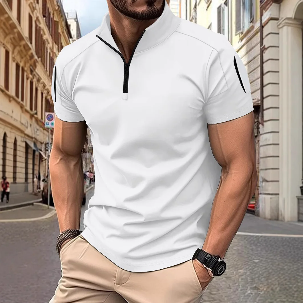 Men's summer leisure tactical training daily splicing arm pocket stand collar office solid color short-sleeved polo shirt