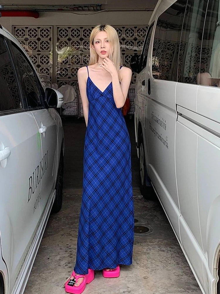 Blue Plaid Long Dress Women Holiday Leisure Sexy V-neck Summer Sleeveless  Literary Graceful Classic Temperament A-line Vestidos