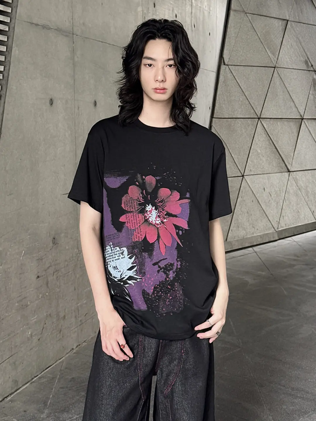 YAMAMOTO-Style T-shirt,HighQuality Dark Theme"Purple floral" Pattern Printed