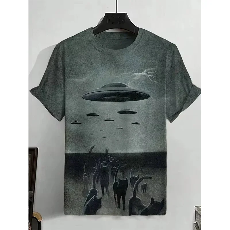 Men's Funny UFO Cat Print T-Shirt Retro Sci-Fi Kitty Graphic Tee Space Astronaut & Witch Cat Design Casual Short Sleeve Tops