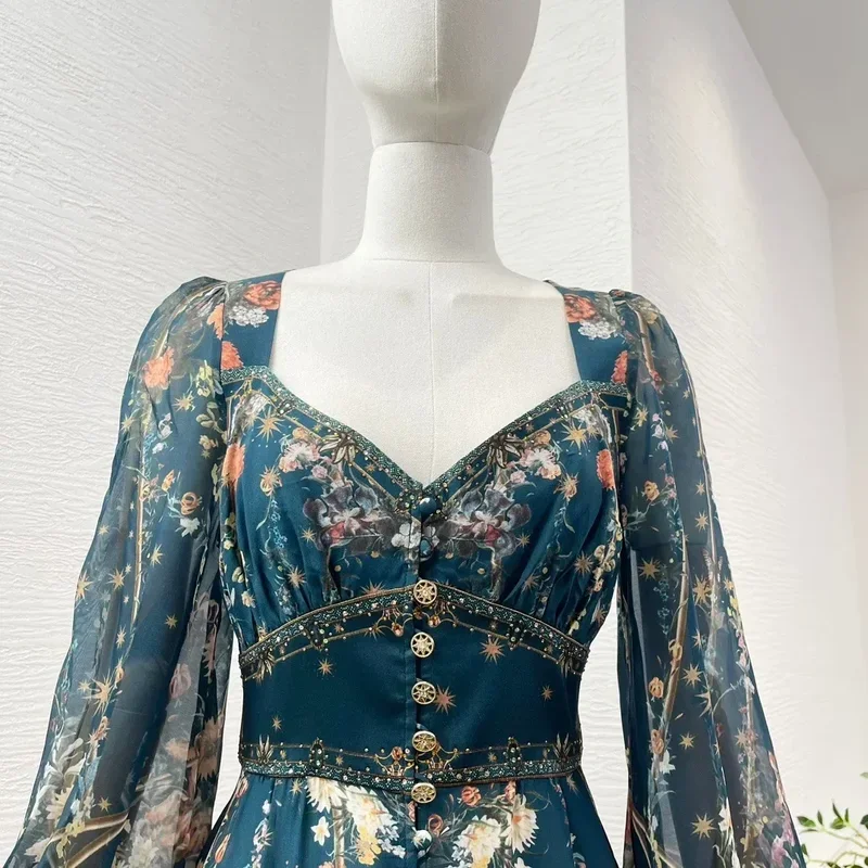 2024 new summer high quality women vintage navy blue floral print full lantern sleeve diamonds compressed silk midi dress