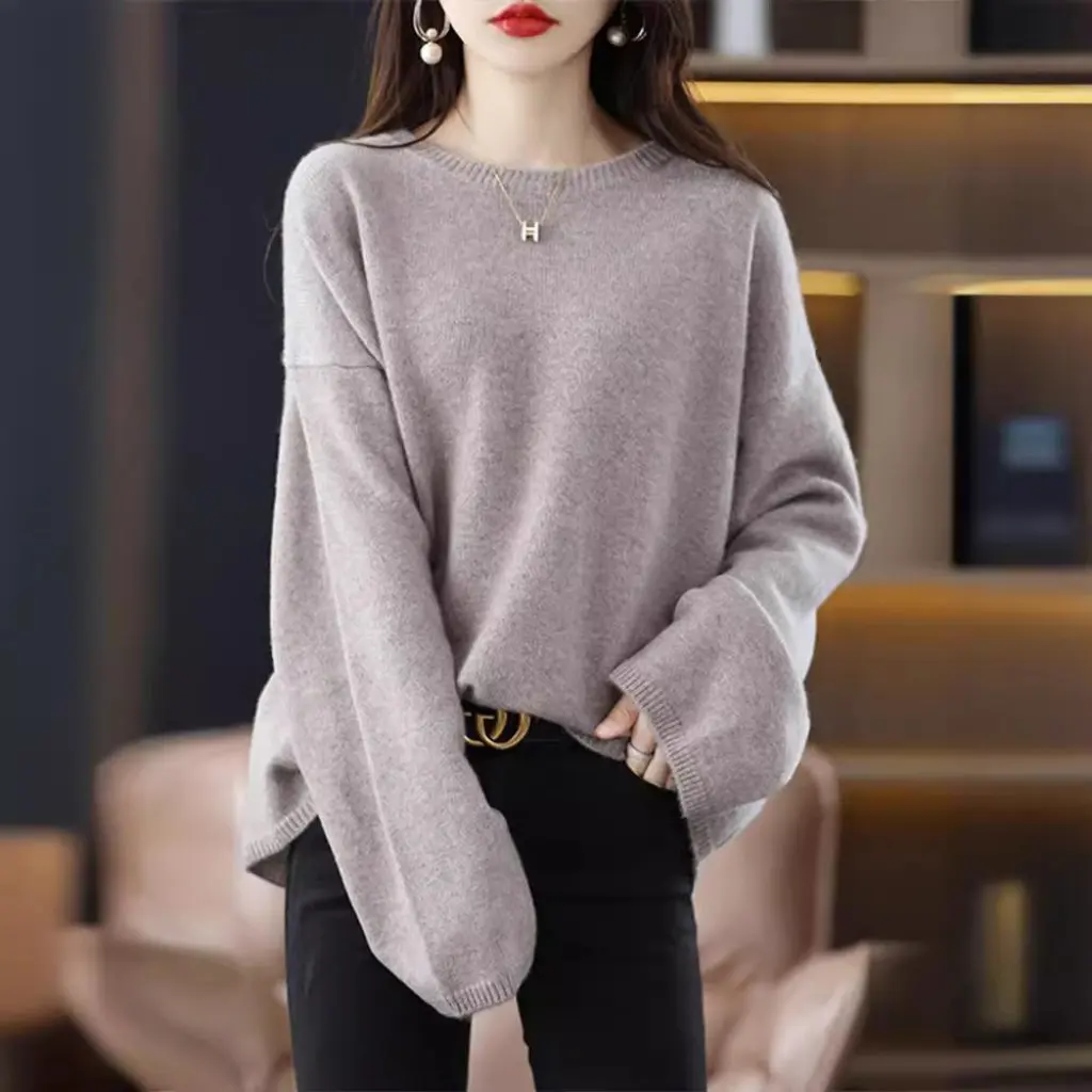 

Women's Autumn Winter Sweater High-End Temperament Lazy Style Knitted Shawl Long-Sleeved Top Warm Slimming Loose Fit Shirt