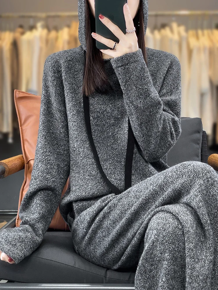 

Осенне-зимний модный вязаный кашемировый костюм, женский спортивный свитер с капюшоном для отдыха, широкие брюки, свободные брюки из двух предметов.