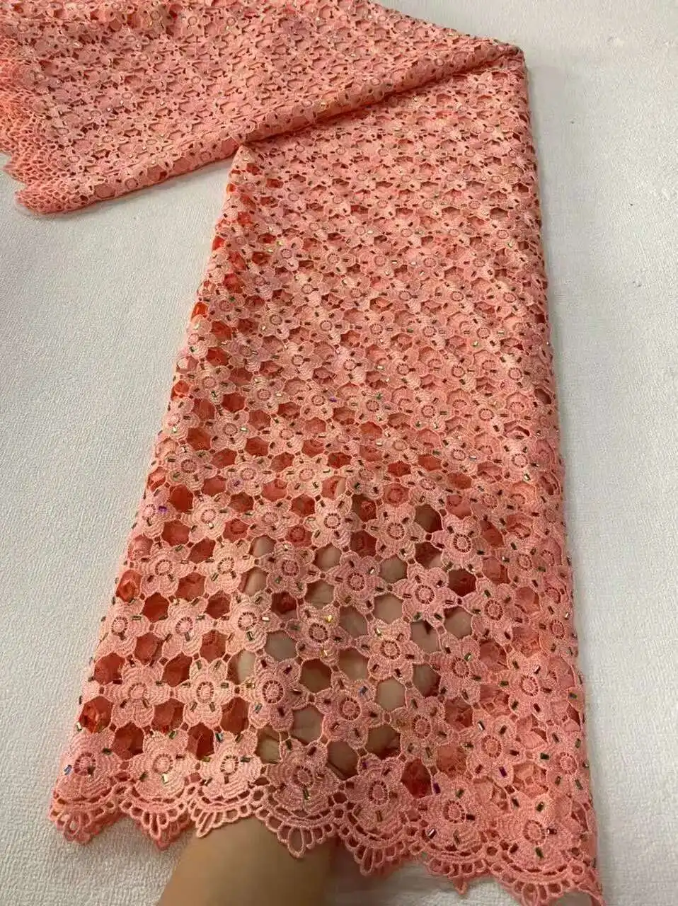 

Latest African Guipure Cord Lace Fabric with Sequins High Quality Nigerian Water Soluble Lace Fabrics with stones for Wedding