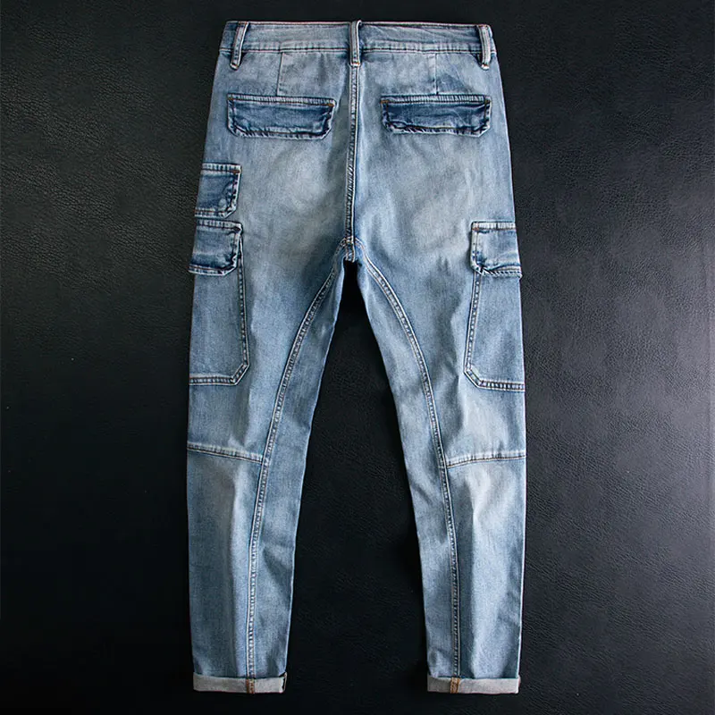 Street Fashion Men Jeans Retro Washed Blue Stretch Slim Fit Denim Cargo Pants Hombre Pocket Designer Hip Hop Biker Jeans Men