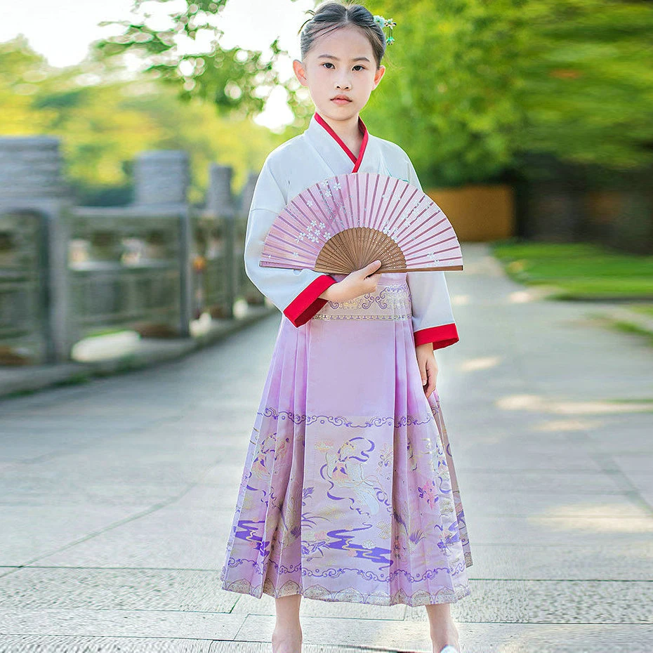 Vêtements traditionnels chinois pour filles, haut blanc et jupe mamans violets, ensemble 2 pièces imbibé, Hanfu Twinset, princesse des Prairies