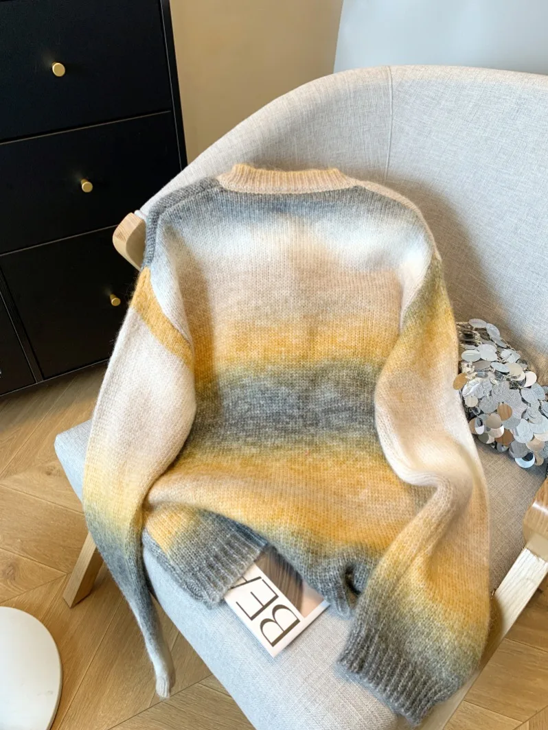 Korean Preppy Style Rainbow Cardigans Single Breasted O-Neck Gradient Color Knitted Sweater New Fashion Casual Outerwear Baggy