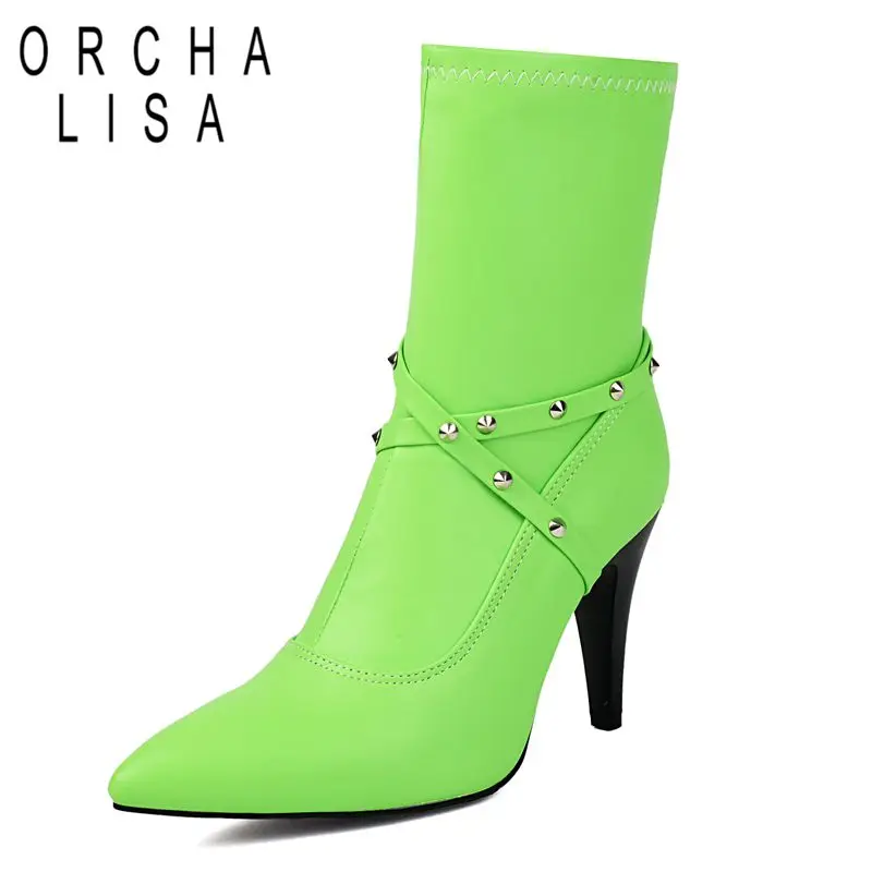 

ORCHA LISA 2025 Новый дизайн Женские сапоги до середины икры с острым носком на шпильке 8,5 см с заклепками на молнии Большой размер 46 47 48 Сексуальная встреча Bota
