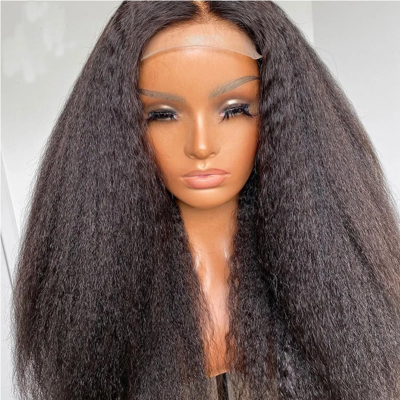 Soft Black Yaki Long 26” Preplucked Kinky Straight Lace Front Wig For Women With Baby Hair Synthetic Glueless Daily