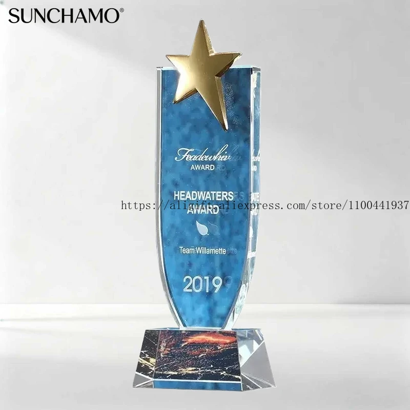 

Customized Creative Metal Medal Crystal Trophy Pentagram Gold Silver Copper Award Outstanding Staff Annual Meeting Decor 1PC