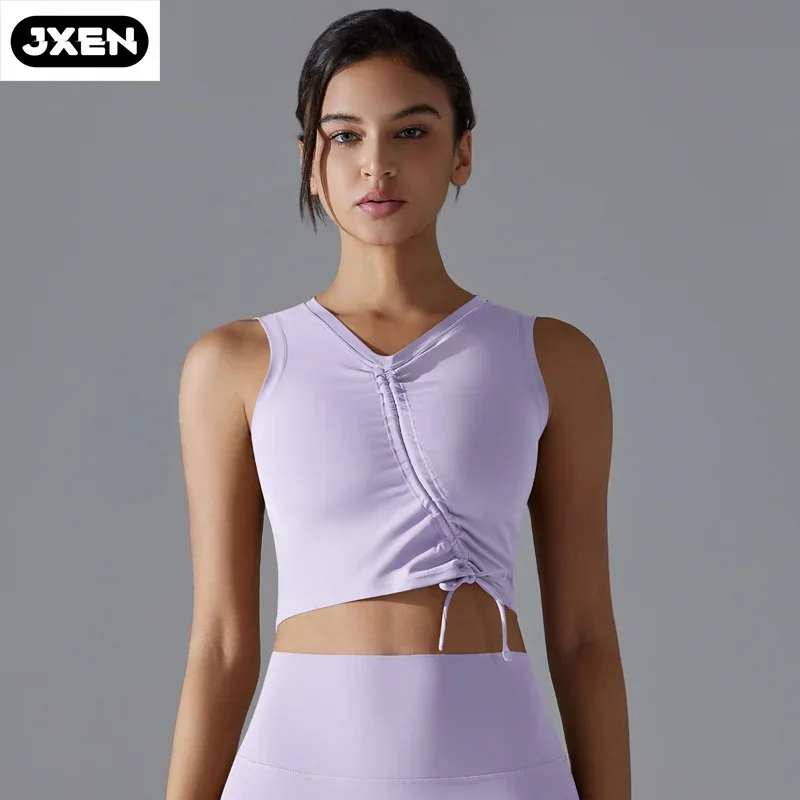 New Solid Color Cable-stayed Drawstring High Elastic Medium&Long Tight Sports Underwear Running Fitness Yoga Clothes Bra Vest