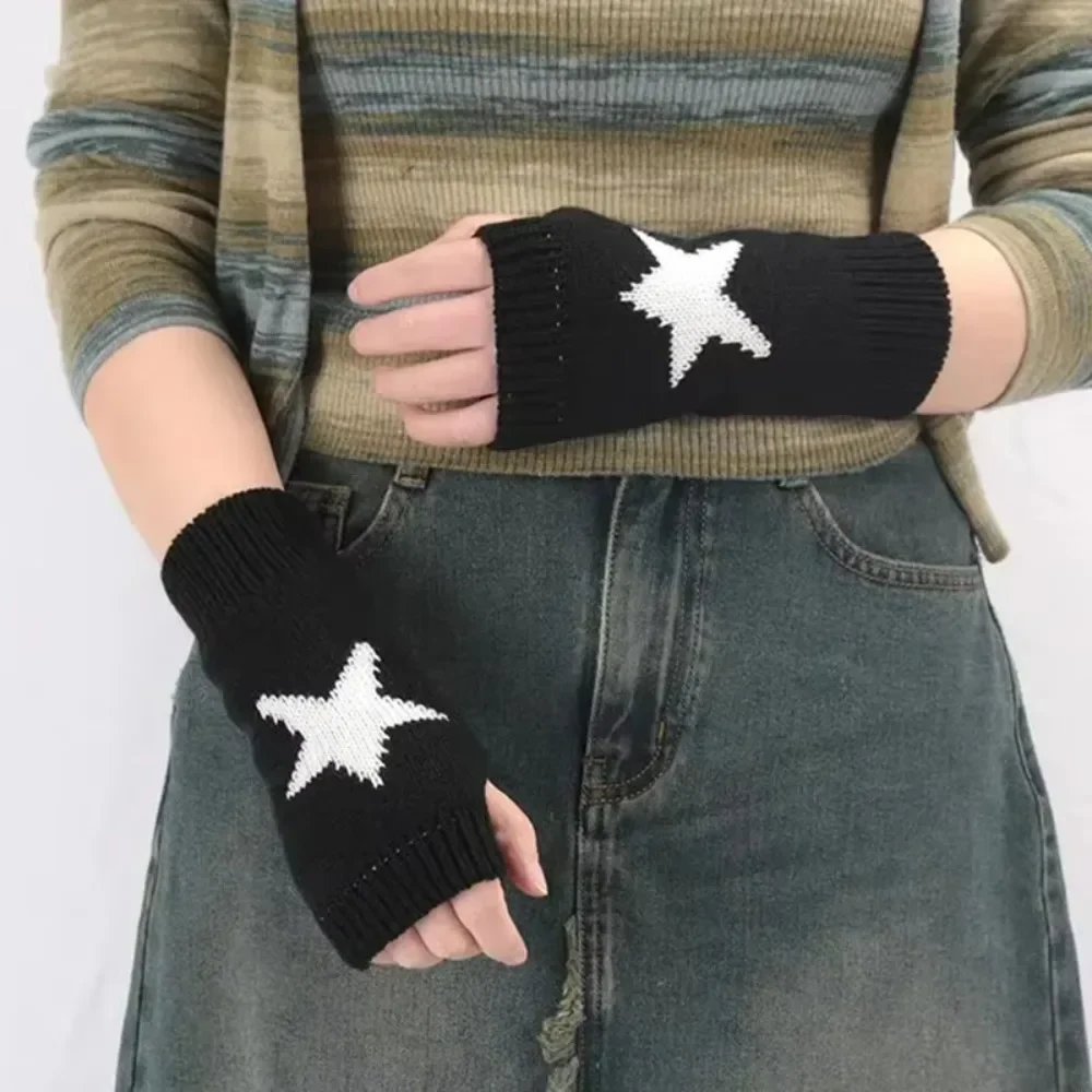 2024 Punk Y2K Knitted Woolen Gloves for Men Women Pentagram Half Finger Warm Soft Mittens Soft Star Hand Fingerless Gloves