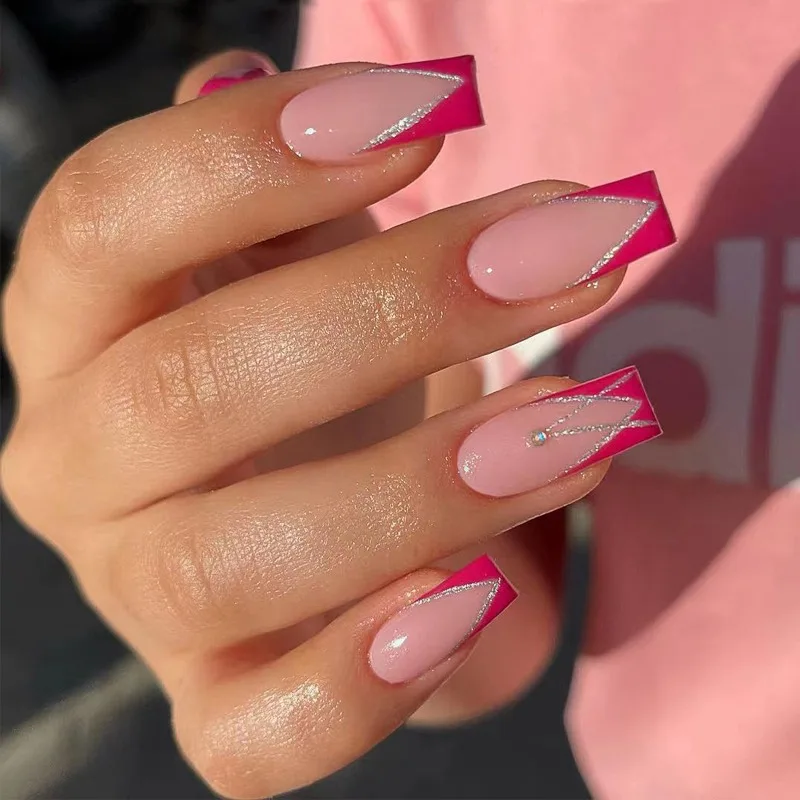 Resin Press On Nails French Design Featuring Clear Rhinestones and Comfort Fit