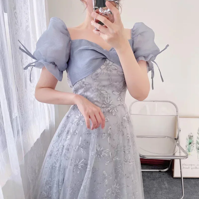 Elegant Puff Sleeve Blue Formal Evening Dress Strapless Birthday Party Shiny Dresses New Sweet Mesh Ball Gown Vestidos Robe