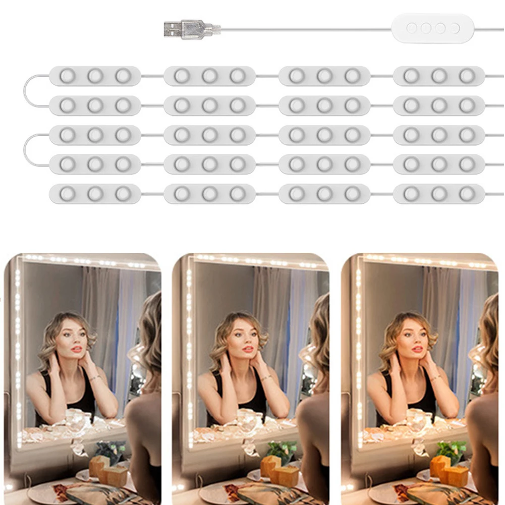 

Светодиодная лента для макияжа 10 футов, 3 цветовые температуры, USB, на приклеивающихся к зеркалу креплениях, водонепроницаемая, для туалетного столика и зеркала в ванной