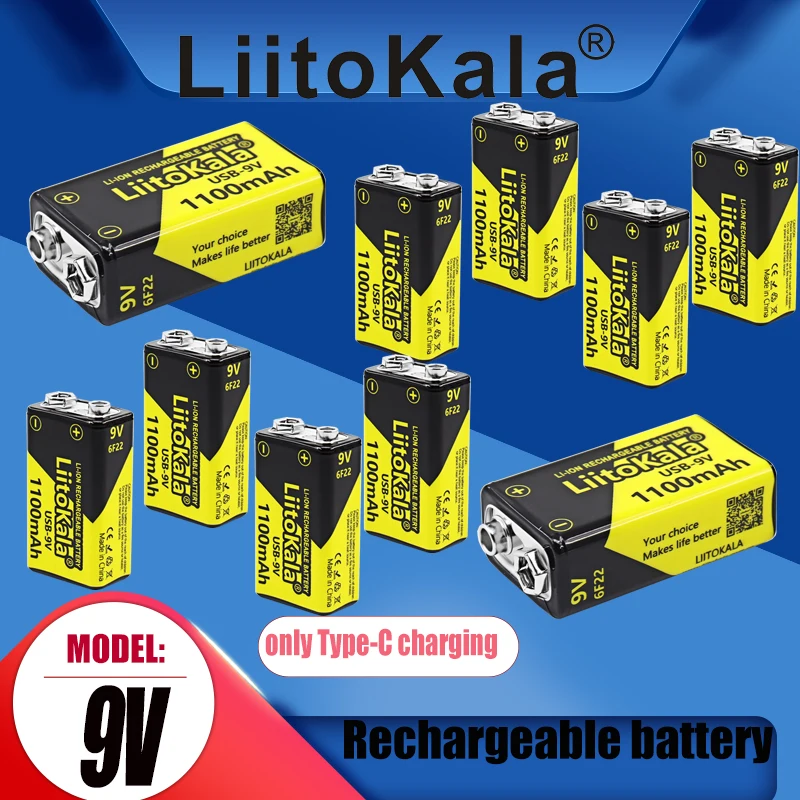 

10PCS LiitoKala USB 9V lithium Rechargeable Battery 1100mAh 9V li-ion Batteries 6F22 9V for RC Helicopter Model Microphone