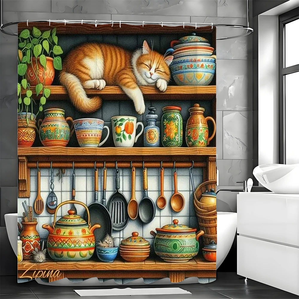 Kitchen Cabinet Cute Cat Kitchenware Items Shower Curtain, Bathroom Decorative Shower Curtain, Waterproof Shower Curtain
