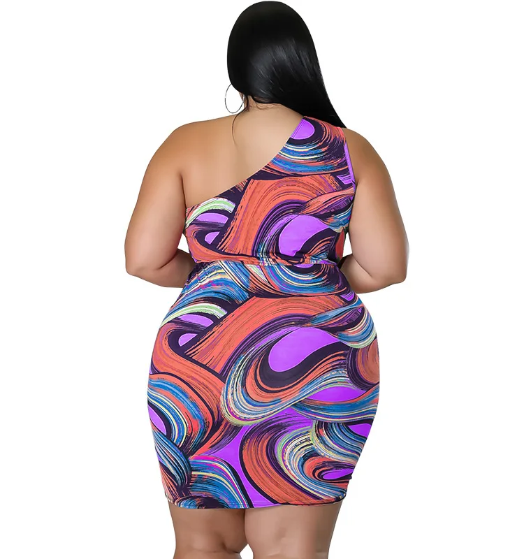 Sexy Plus Size Women Dresses Single Shoulder Hollow Out Mini Dress Drawstring Pleated Fashion Printed Wholesale Dropshipping