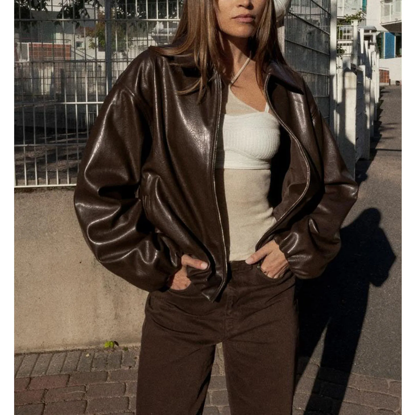 فضفاض طويل Sve بولي Leather الجلود الطيار Jaet المرأة الخريف جديد Sle الوقوف طوق سستة إغلاق تخفيف Sle Faion ملابس خارجية