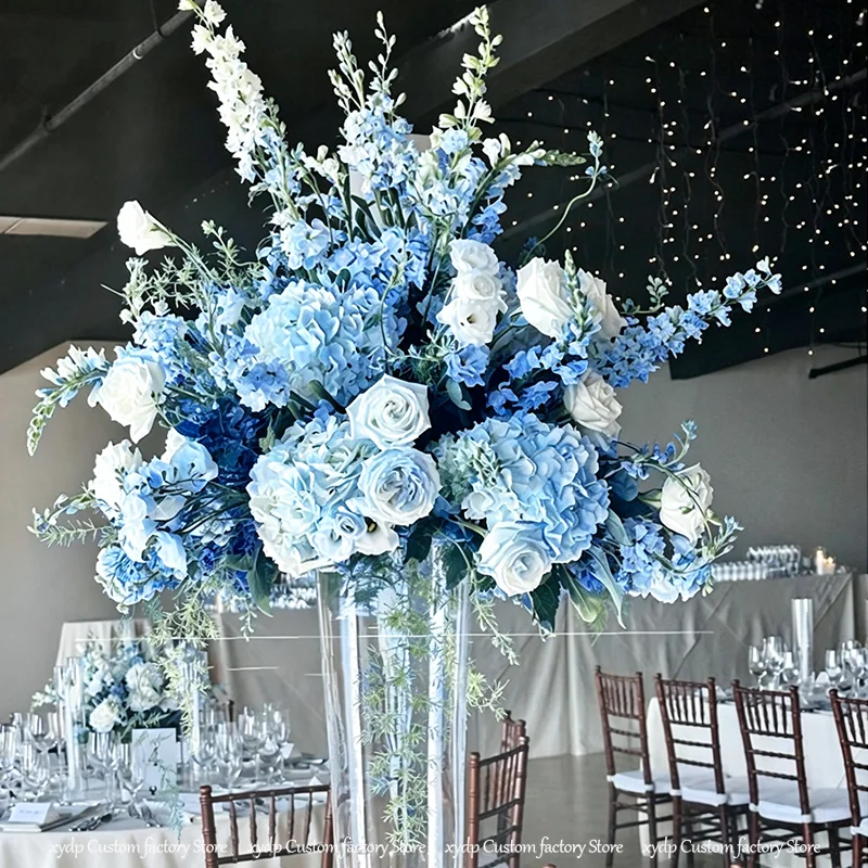 5D Blau-Weiße Künstliche Blumenreihe Rosen-Hortensien-Treppenblumen Sofa-Läufer Hochzeitsdekoration Gang Bühnenhintergrund-Arrangement – Detail 6