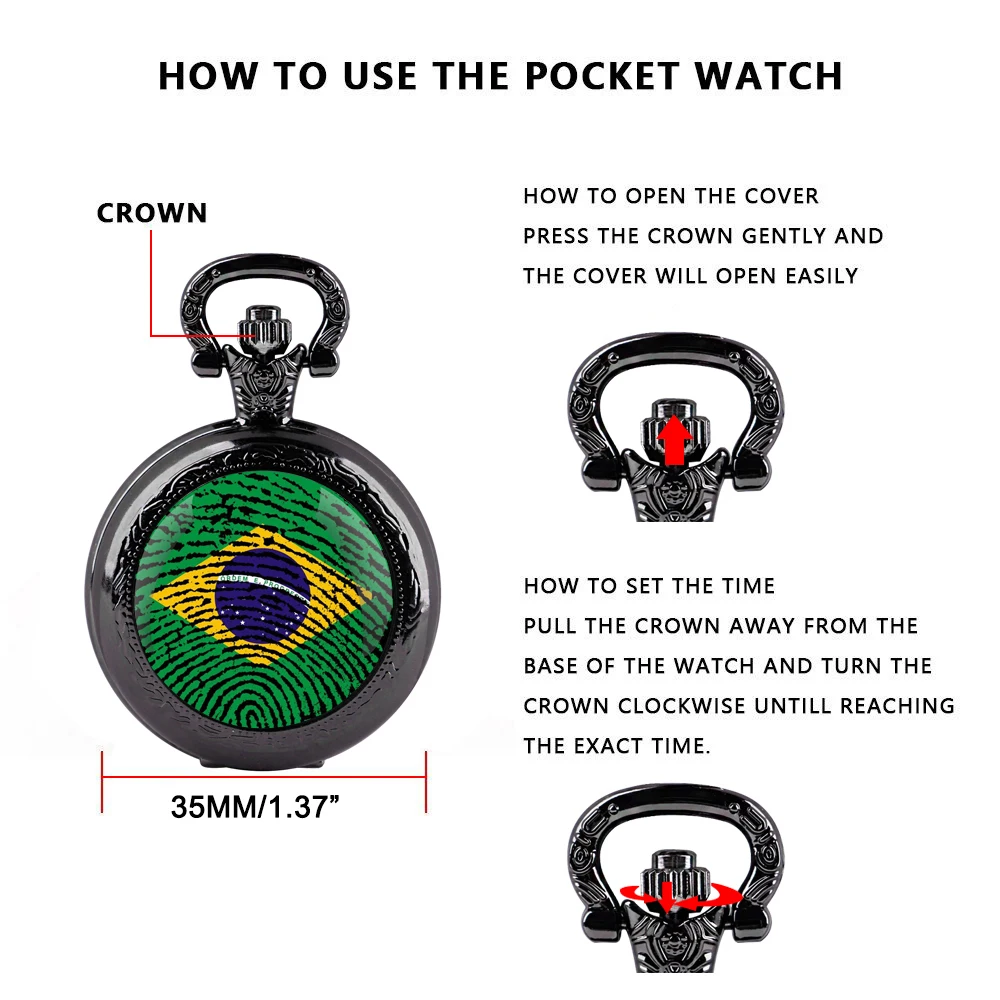 Montre de poche à quartz noir avec dôme en verre et drapeau brésilien, avec cadran en chiffres arabes et chaîne durable, cadeau rétro pour hommes et femmes