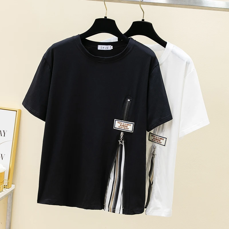 

Plus Size Tops Women Clothing Femme T-Shirt Cotton Summer Casual Short Sleeve O-Neck Zipper Labeling Tees 4XL 100KG