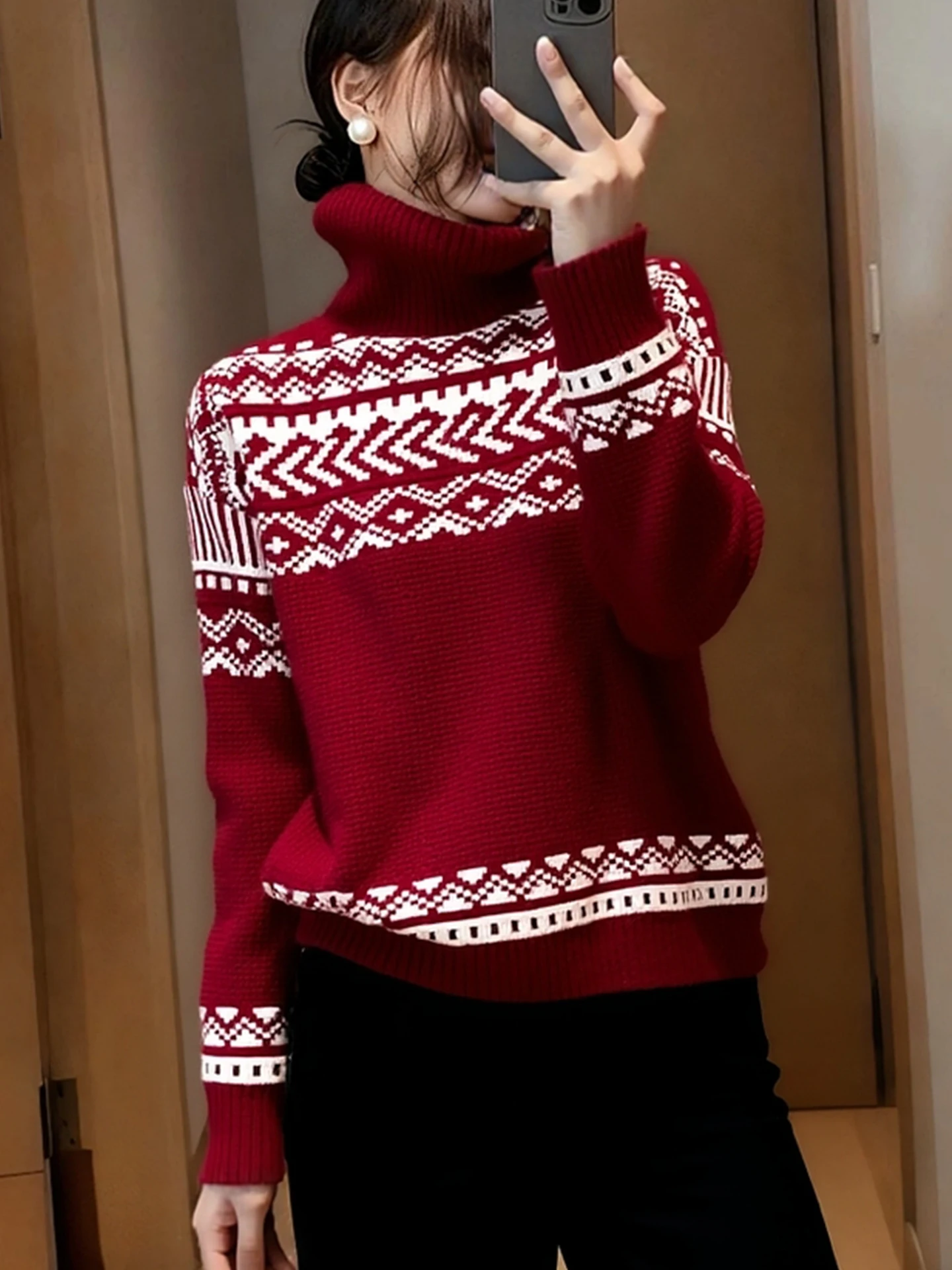 Faionable High Ne Knitted Sweater Long Sve Camere Contrast Color Design Korean Sle Loose Fit Commute Suitable