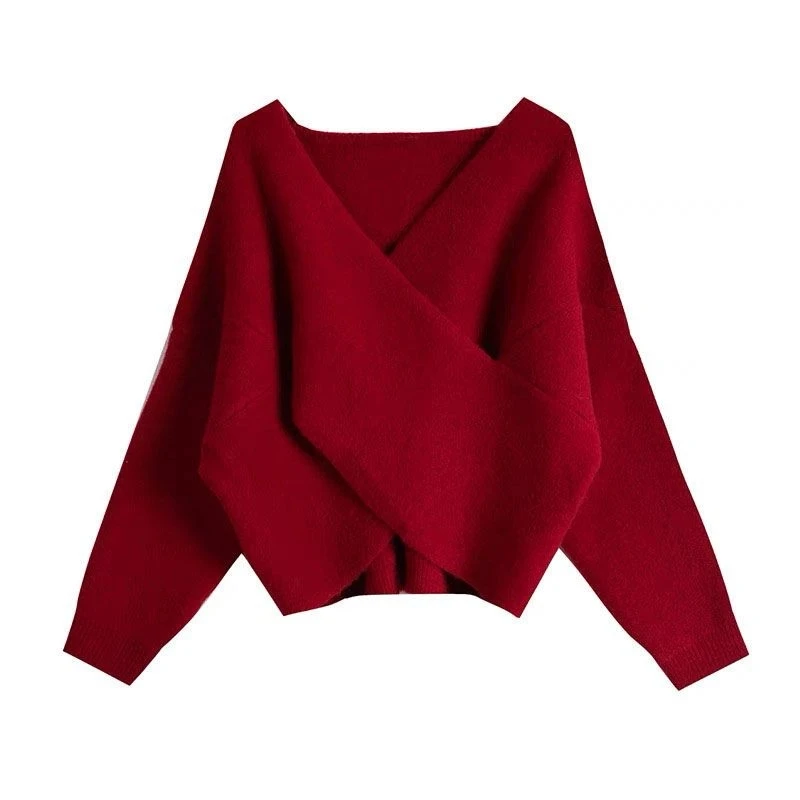 

Cross Sweater Autumn and Winter New Long-sleeved Sweater Red Deep V-neck Casual Loose Versatile Pullover