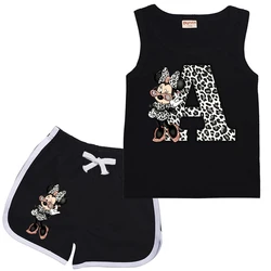 Children Suit Disney Minnie Letter A BCD New Sports Vest & Shorts Casual Clothes Sleeveless Girl Boy 2Pcs Sets Kids Summer Wear