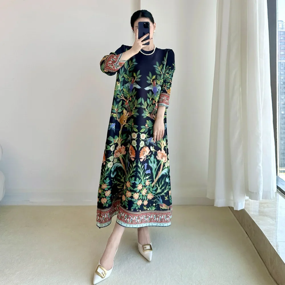 Miyake Vintage Print Dress Simple Summer Seven Sleeve Casual Pleated Dresses