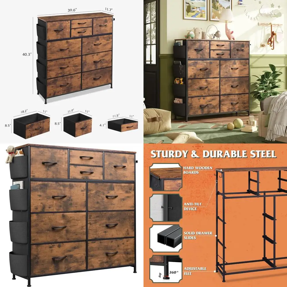 

Тканевый комод с 10 ящиками и карманами и крючками, металлический каркас, деревенский коричневый ящик для хранения из зернистого дерева для спальни, гостиной и