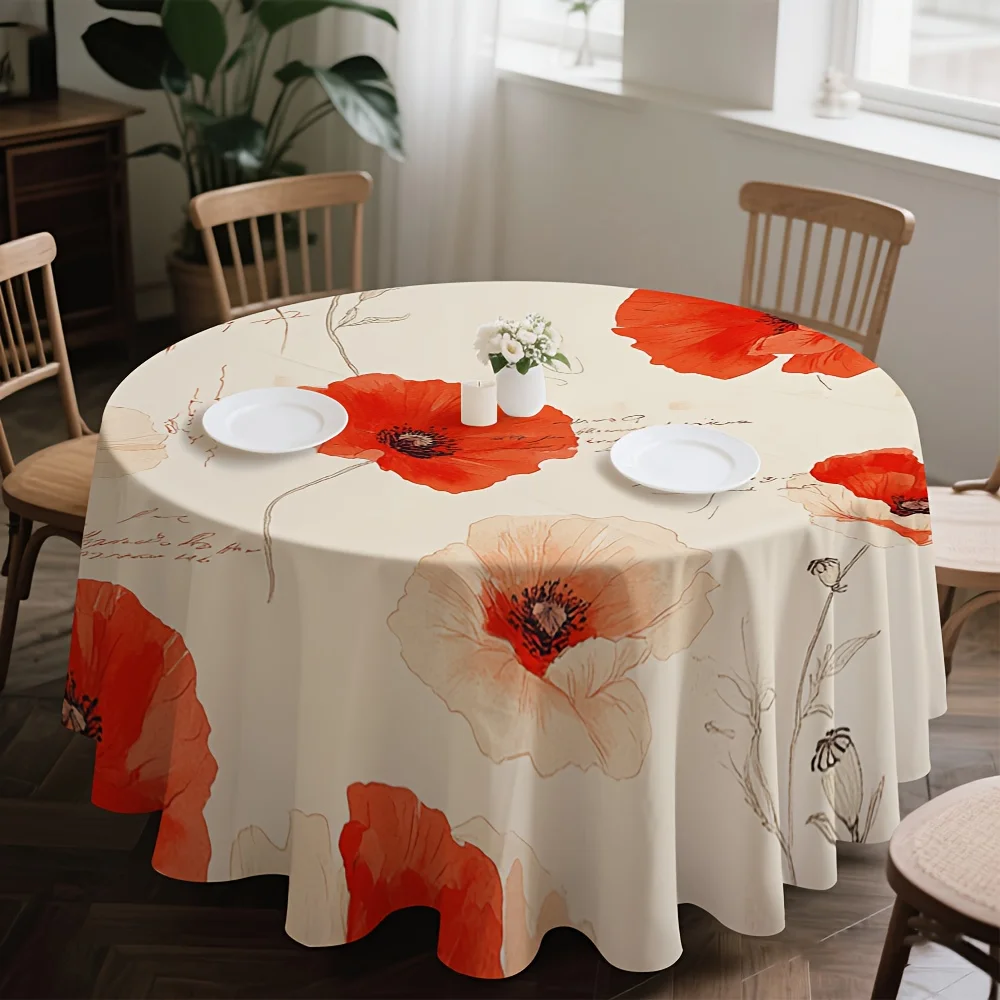 One red poppy sketch round tablecloth design, creating a cozy dining atmospherezyc