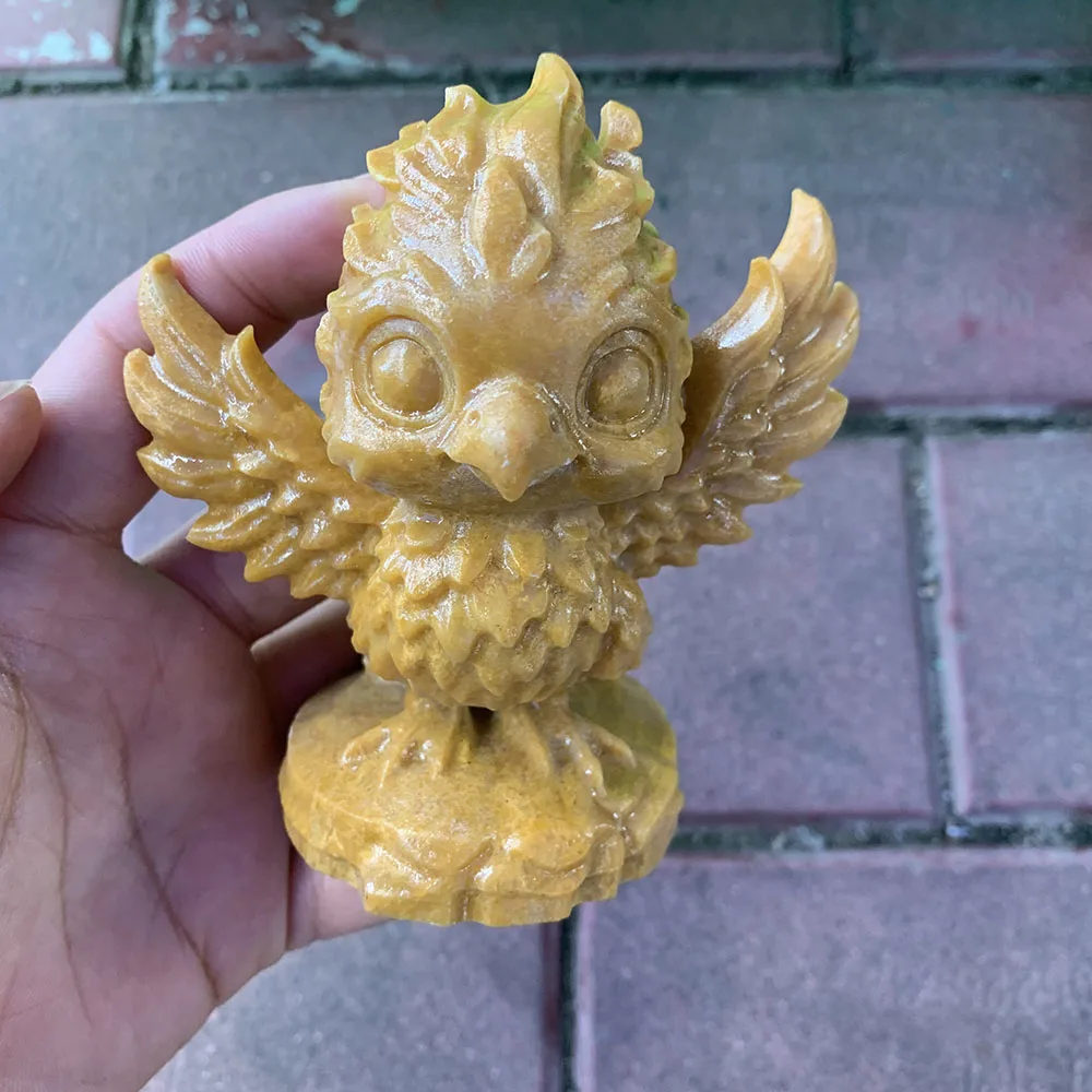 Natural Yellow Jade Phoenix Figurine - 10cm Handcrafted Gemstone Mythical Bird Statue Collectible