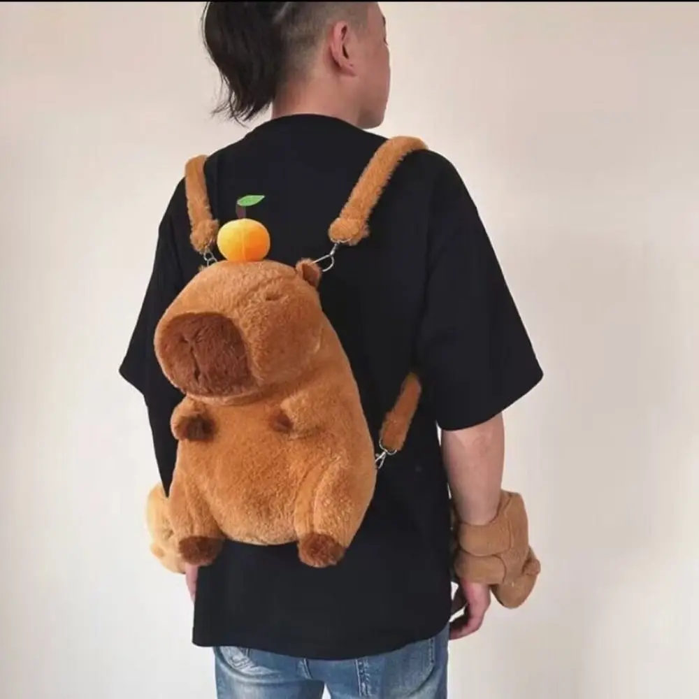 Fluffy Capybara Backpack Large Capacity Cartoon Capybara Stuffed Animals Bag with Leash Orange Capybara Schoolbag Kids Gift