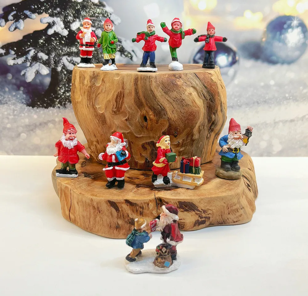 Christmas Santa & Elf Resin Mini Figurine, Winter Village Desktop Ornament, Gift & Collectible