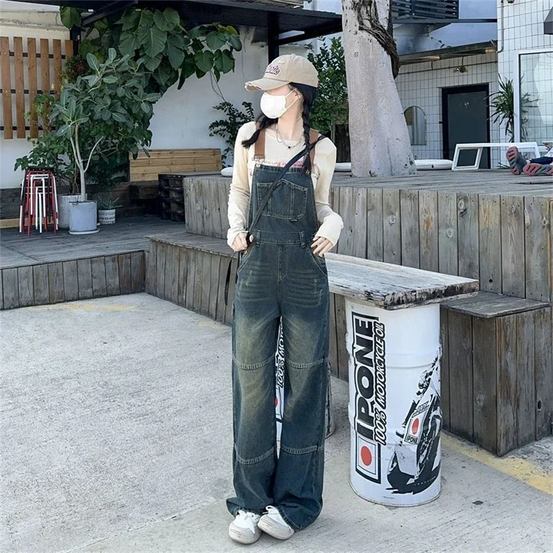 

Women's Vintage Style Overalls Fashion Wide Leg Suspender Jumpsuits Pants Female Streetwear Rompers Straight Blue Denim Trouser